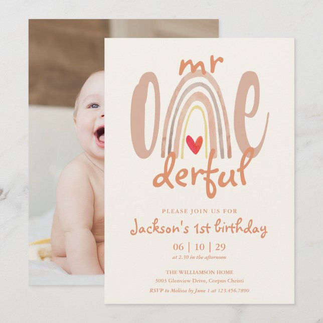 Mr Onederful Boho Rainbow Heart Photo 1st Birthday Invitation (Front/Back)