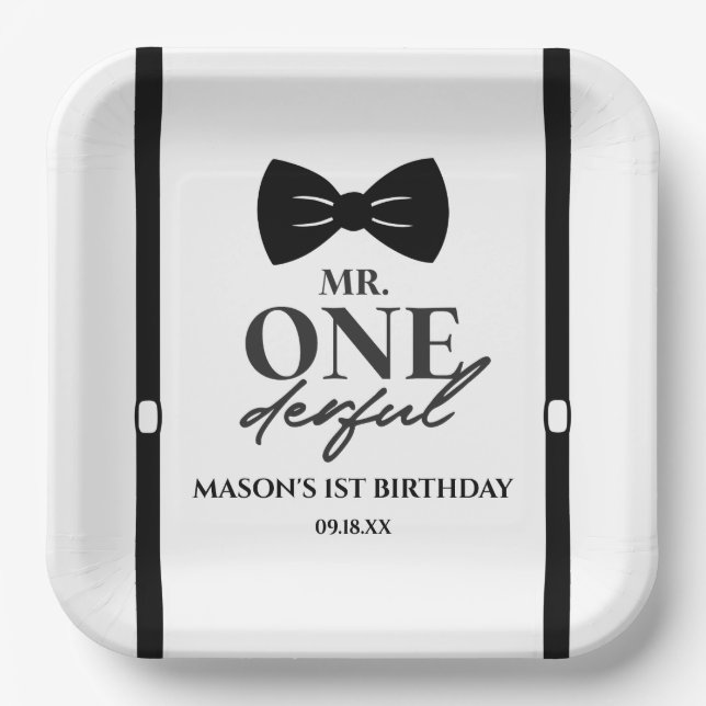 Mr. ONEderful Bowtie First 1st Birthday Party Paper Plates (Front)
