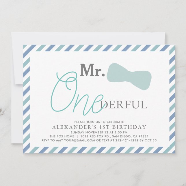 Mr. ONEderful Boy Blue 1st Birthday Invitation (Front)
