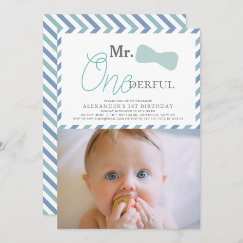 Mr ONEderful Boy Blue Photo 1st Birthday Invitation