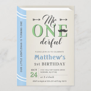 Mr Onederful Boy First 1st Birthday Storybook Book Invitation