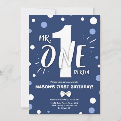Mr Onederful Boy Royal Blue 1st Birthday Invitation