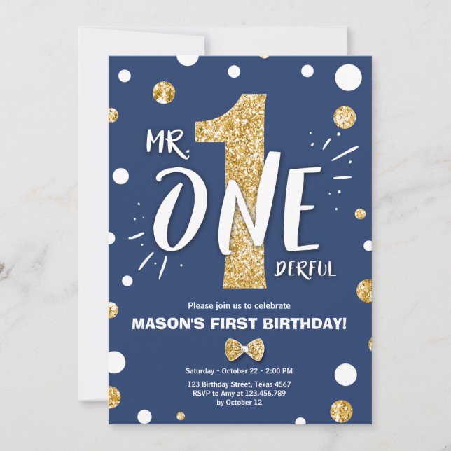 Mr Onederful Boy Royal Blue Gold 1st Birthday Invitation (Front)