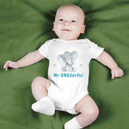 Mr Onederful First 1st Birthday Blue Boy Elephant Baby Bodysuit