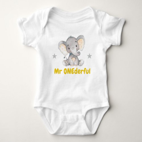 Mr Onederful First 1st Birthday Party Boy Elephant Baby Bodysuit