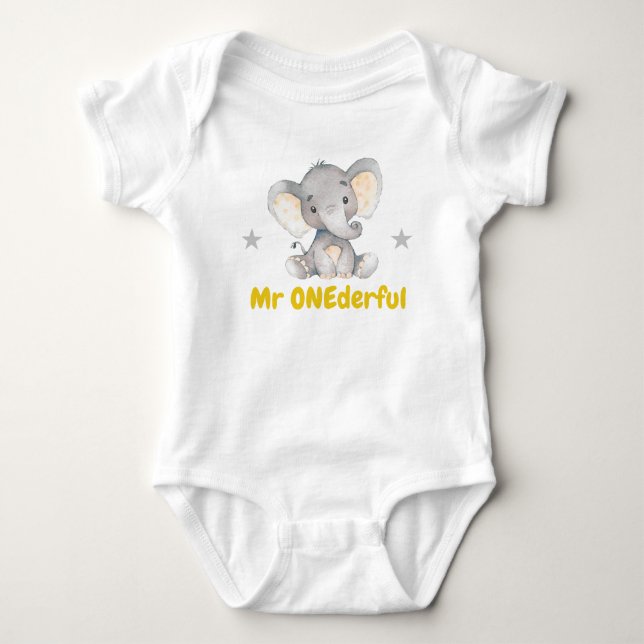 Mr Onederful First 1st Birthday Party Boy Elephant Baby Bodysuit (Front)