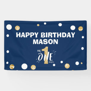 Mr Onederful First Birthday Boy Navy Blue Gold Banner