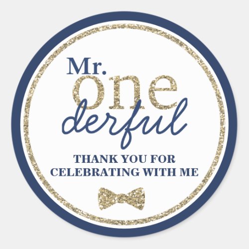 Mr Onederful First Birthday Gold and Blue Classic Round Sticker