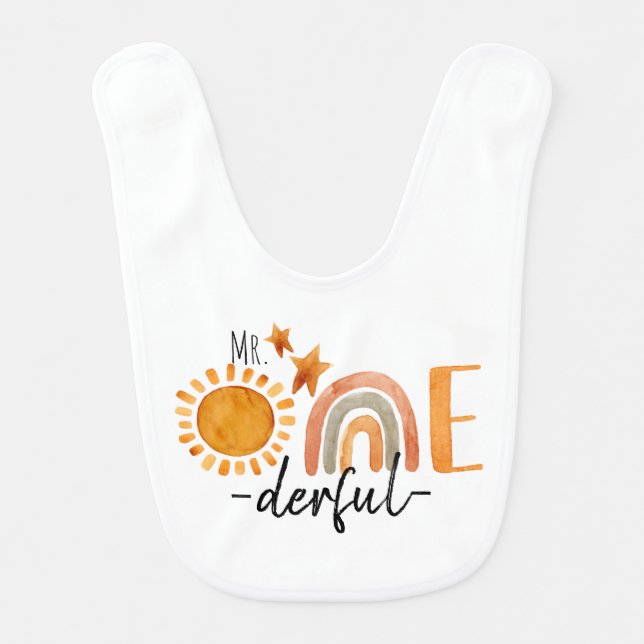 Mr.Onederful First Birthday Rainbow and Sun Party  Baby Bib (Front)