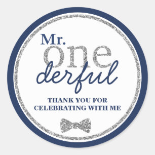 Mr Onederful First Birthday Silver and Navy Classic Round Sticker