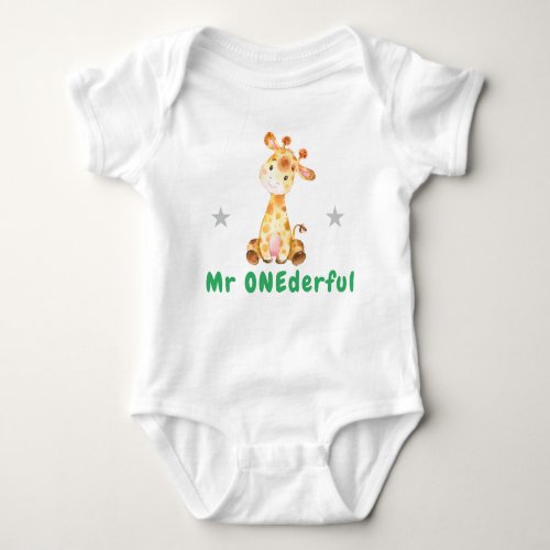 Mr Onederful Giraffe First 1st Birthday Green Boy Baby Bodysuit