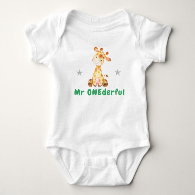Mr Onederful Giraffe First 1st Birthday Green Boy Baby Bodysuit (Front)