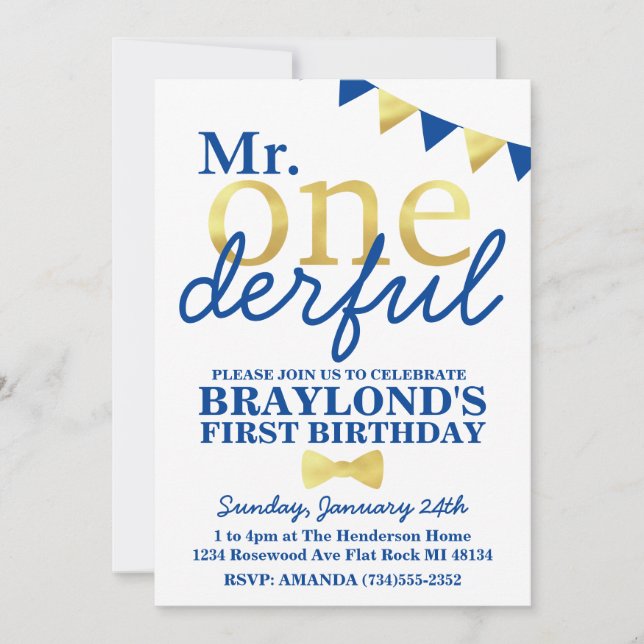 Mr Onederful Gold and Changeable Color Invitation (Front)