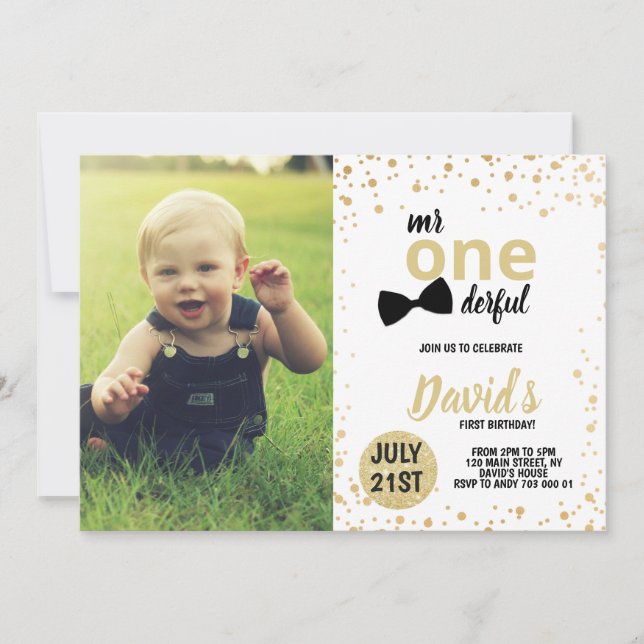 Mr Onederful Gold Confetti First Birthday Photo Invitation (Front)