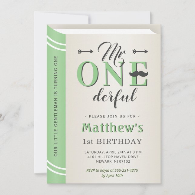 Mr Onederful Green Moustache 1st First Birthday Invitation (Front)