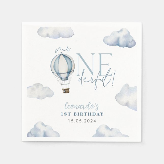 Mr ONEderful Hot Air Ballon Boy 1st Birthday Blue Napkins (Front)