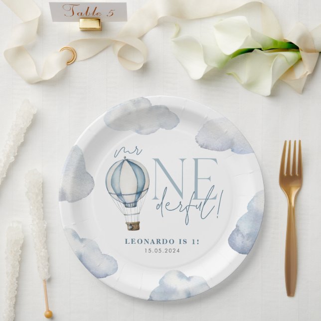 Mr ONEderful Hot Air Ballon Boy 1st Birthday Blue Paper Plates (Wedding)