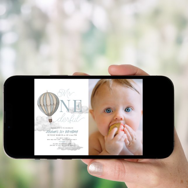 Mr. Onederful Hot Air Balloon 1st Birthday Photo Invitation (Front Digital)