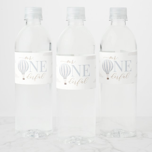 Mr Onederful Hot Air Balloon 1st Birthday Water Bottle Label (Bottles)