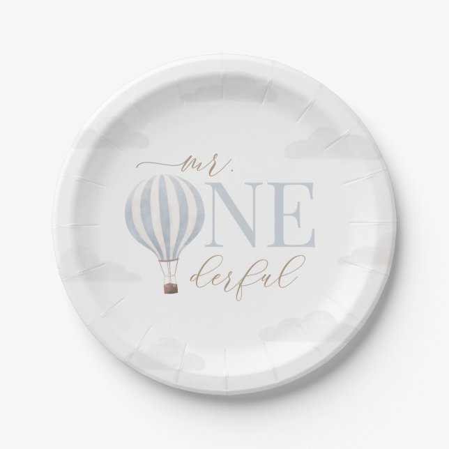 Mr Onederful Hot Air Balloon Birthday Paper Plates (Front)