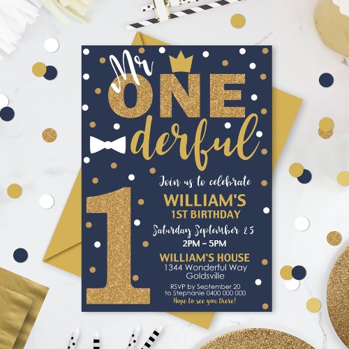 Mr Onederful Invitation Navy and Gold