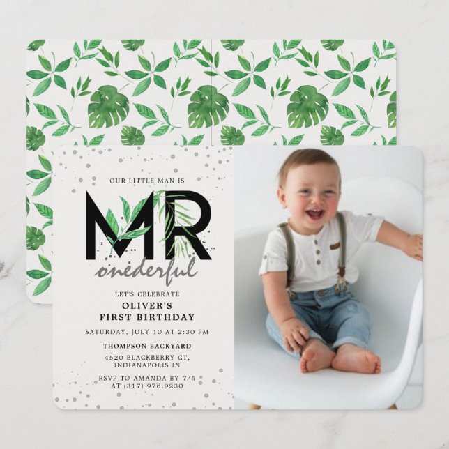 MR Onederful Modern Tropical 1st Birthday Photo Invitation (Front/Back)
