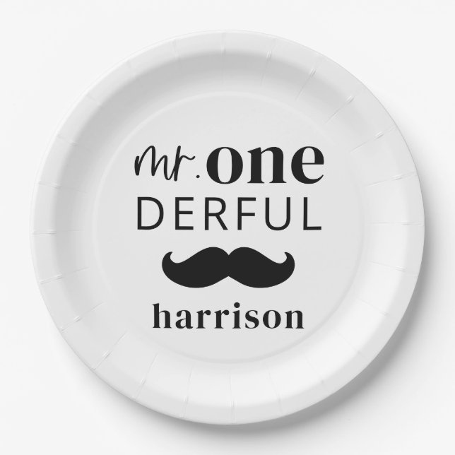 Mr Onederful Name with Moustache Paper Plates (Front)