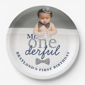 Mr Onederful Navy & Silver Birthday Paper Plates by DBDM_Creations at Zazzle