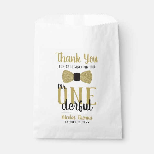 Mr. ONEderful Party Favor Bag, Black, Faux Gold Bag (Front)