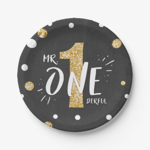 Mr Onederful Party Paper Plates Boy Black Gold