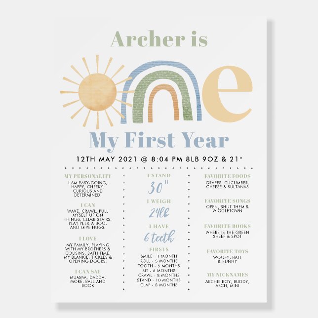 Mr Onederful Rainbow Boys 1st Birthday Milestone Foam Board (Front)