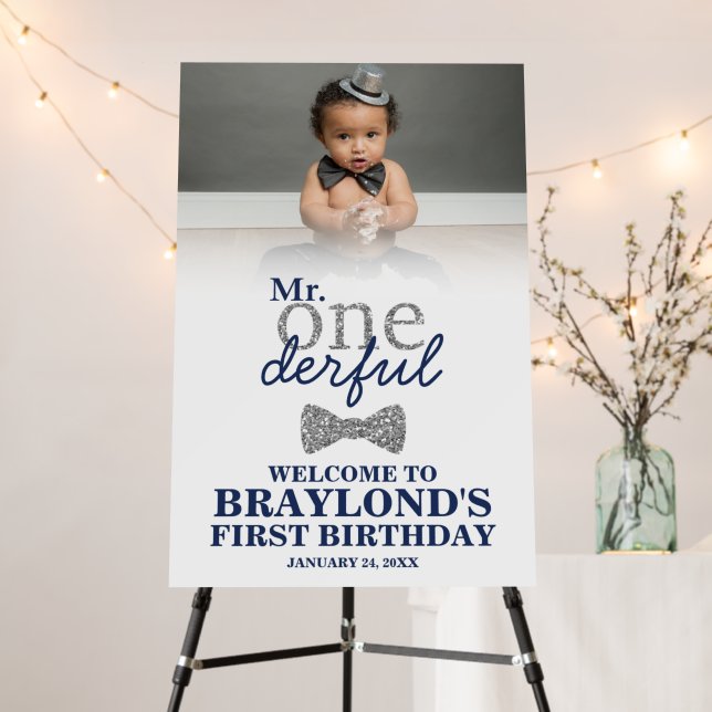 Mr Onederful Silver and Navy Birthday Welcome Sign (In Situ (Stand))