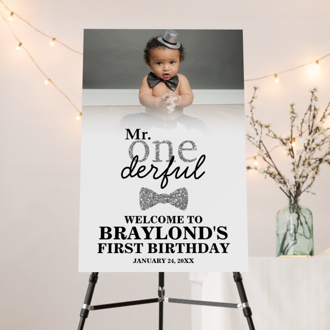Mr Onederful Silver Birthday Welcome Sign (In Situ (Stand))