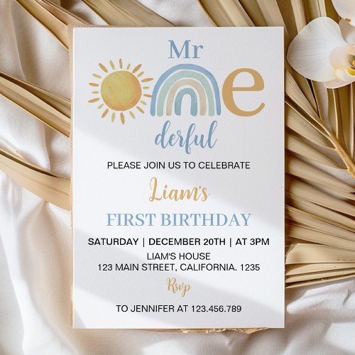 Mr Onederful Sunshine Rainbow Birthday Invitation