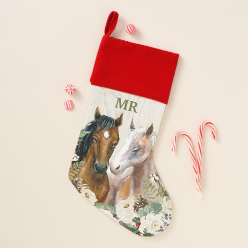 MR or MRS Holiday Horse Pair Custom Text Christmas Stocking