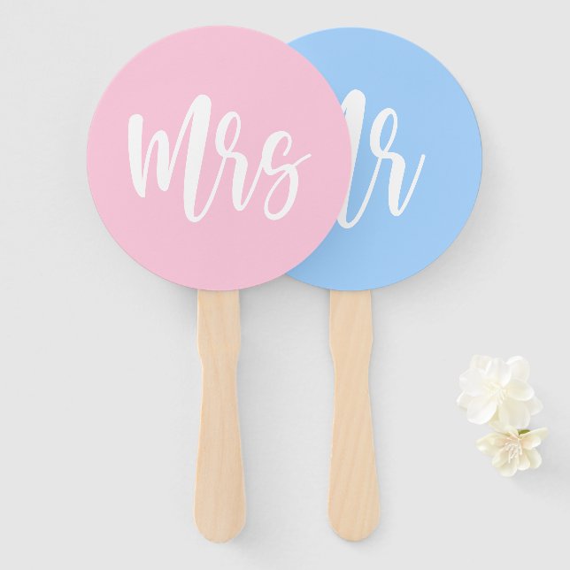 Mr or Mrs Pink Blue Bride Groom Wedding Game Hand Fan (Front and Back)