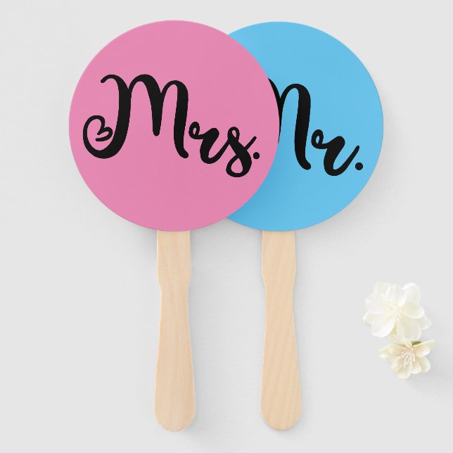 Mr or Mrs Pink Blue Bride Groom Wedding Game Hand Fan (Front and Back)