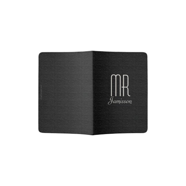 "Mr" Passport Holder, Black Faux Textured Passport Holder (Opened)