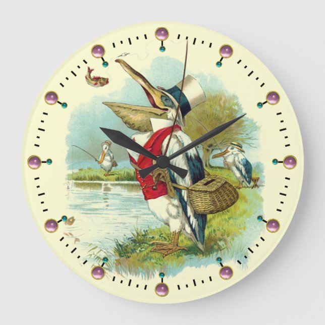 MR PELICAN FISHING ,Cream,Pink Gemstones Large Clock (Front)
