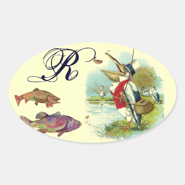 MR PELICAN FISHING MONOGRAM,cream Oval Sticker (Front)