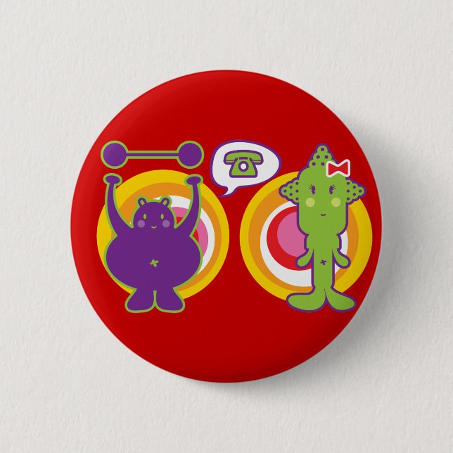 Mr. Purple & Miss Green Cute Cartoon Character Button (Front)