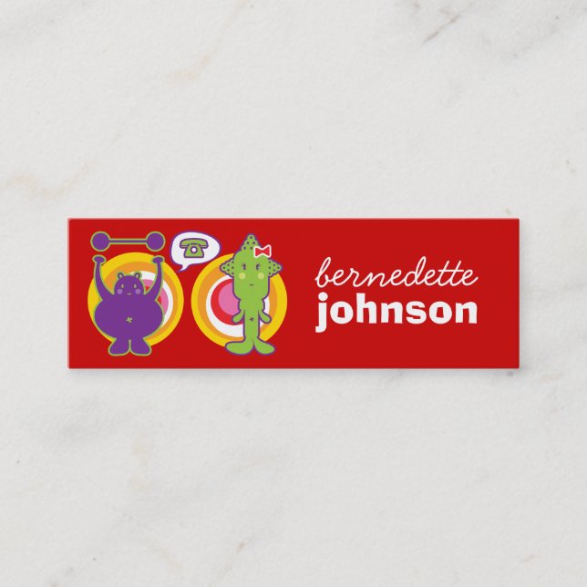 Mr. Purple & Miss Green Cute Cartoon Character Mini Business Card (Front)