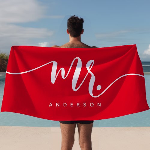 Mr Red And White Newlywed Groom Personalized Beach Towel