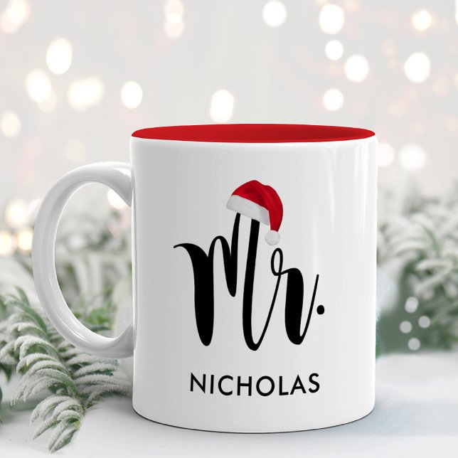 Mr Red Santa Hat Custom Holiday Monogram Two-Tone Coffee Mug (Creator Uploaded)