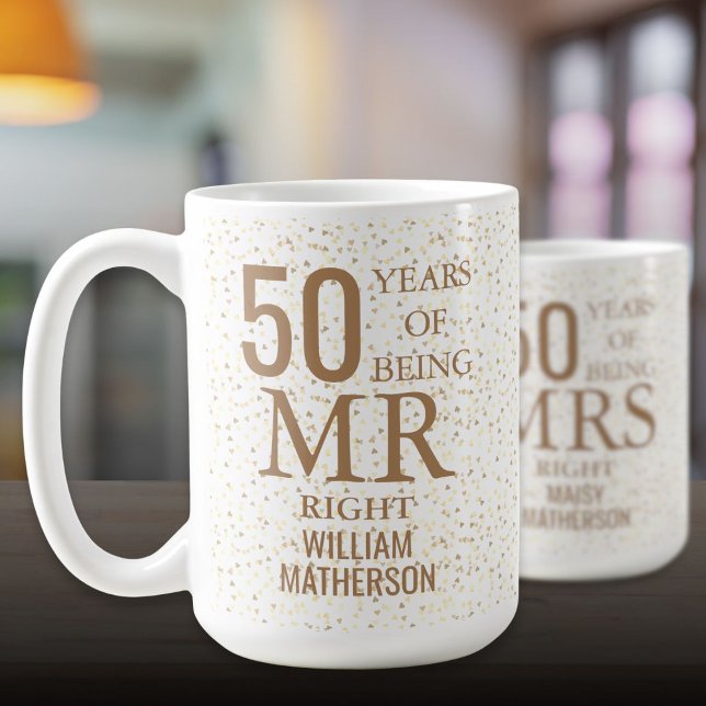 Mr Right Fun 50th Wedding Anniversary Gold Hearts Coffee Mug (Mr Right Fun 50th Wedding Anniversary Gold Hearts Coffee Mug)