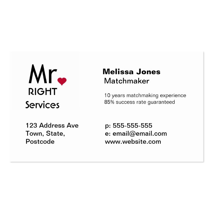 Mr Right Matchmaker dating service business cards