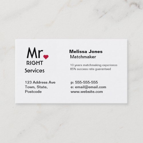 Mr Right Matchmaker dating service business cards