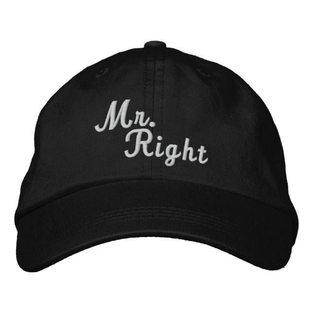 Mr Right Scroll Text Black And White Embroidered Baseball Hat (Front)