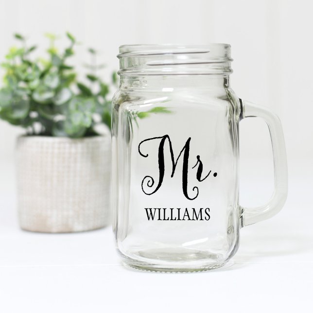 Mr Rustic Black Script Personalized Wedding Mason Jar (Creator Uploaded)