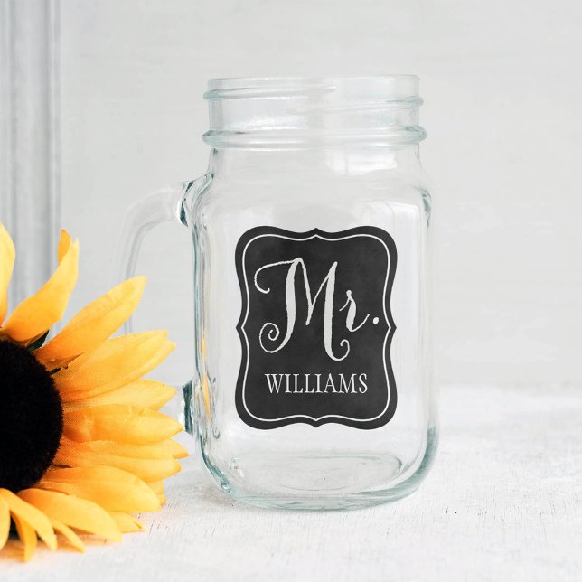 Mr Rustic Script Monogram Chalkboard Wedding Mason Jar (Creator Uploaded)